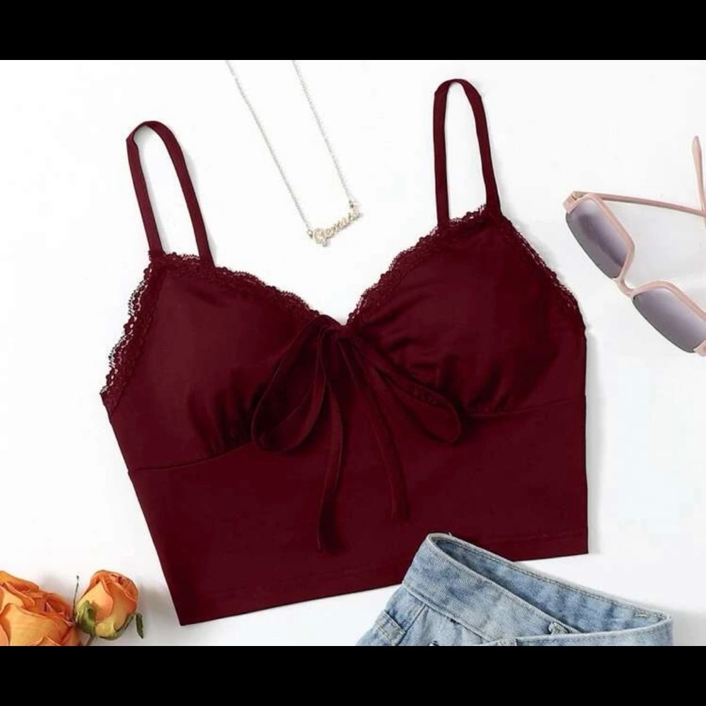 Lace Trim Tie Front Cami Crop Top